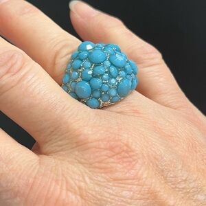 Vintage costume stretch turquoise bombe dome ring domed pavé setting.